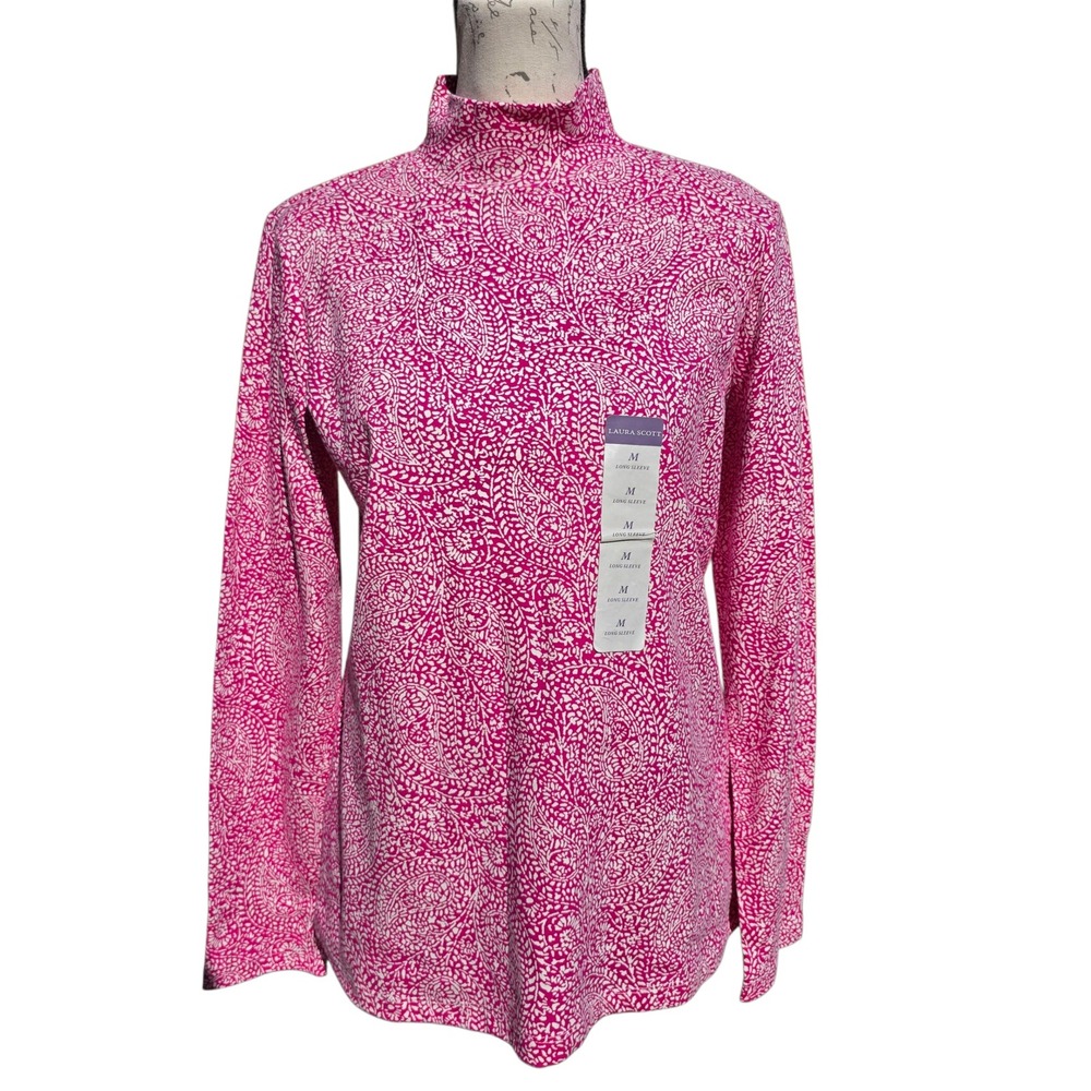 Laura Scott -678 NWT Mock Neck Top Long Sleeve Pink Floral Paisley Shirt Size M